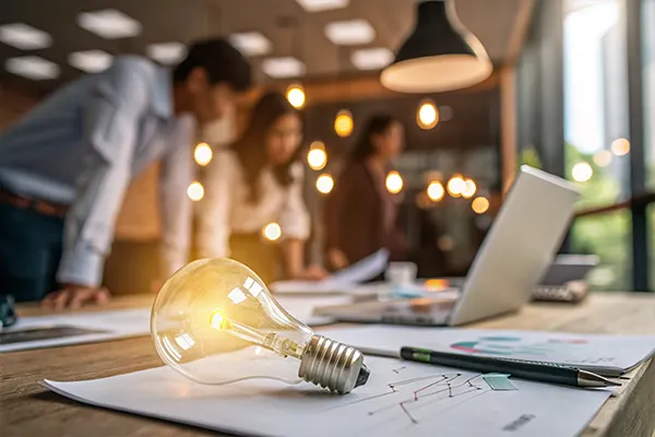 A glowing lightbulb on a desk symbolizing innovative marketing ideas and strategic vision for construction companies, with a team collaborating in the blurred background.
